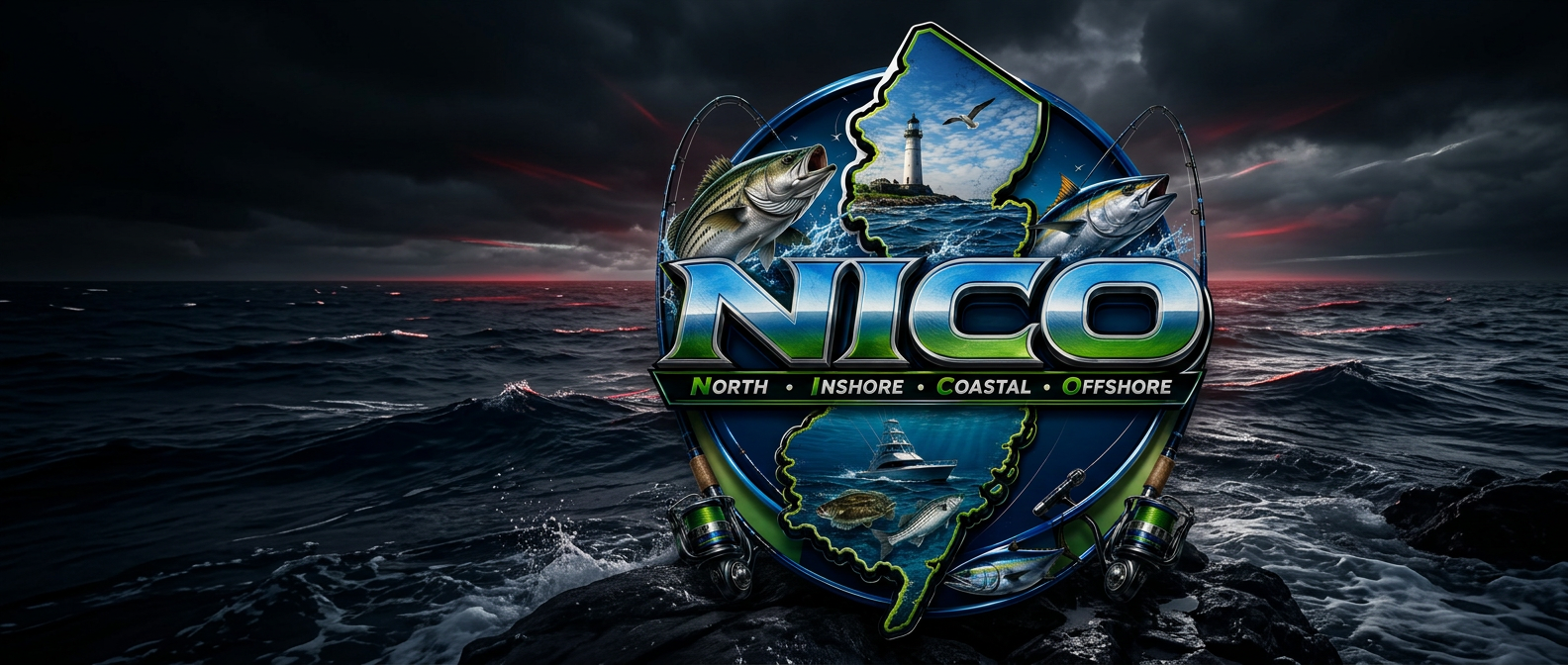 NICO North Inshore Coastal Offshore emblem over a stormy Atlantic ocean